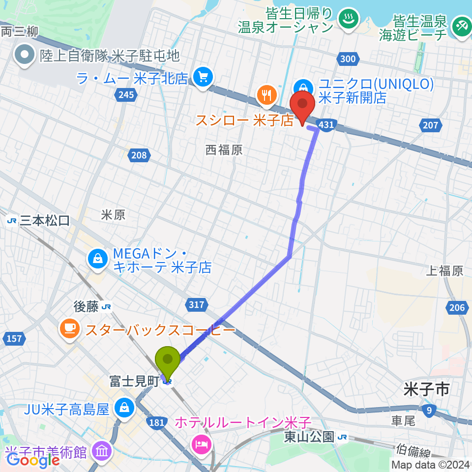 富士見町駅から鳥取県立米子産業体育館へのルートマップ地図