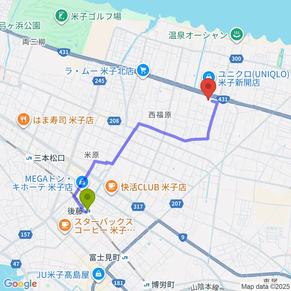 鳥取県立米子産業体育館の最寄駅後藤駅からの徒歩ルート（約35分）地図