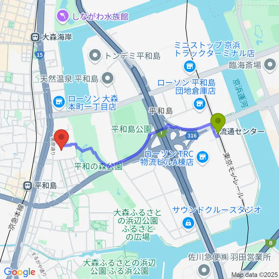 流通センター駅から大森スポーツセンターへのルートマップ地図