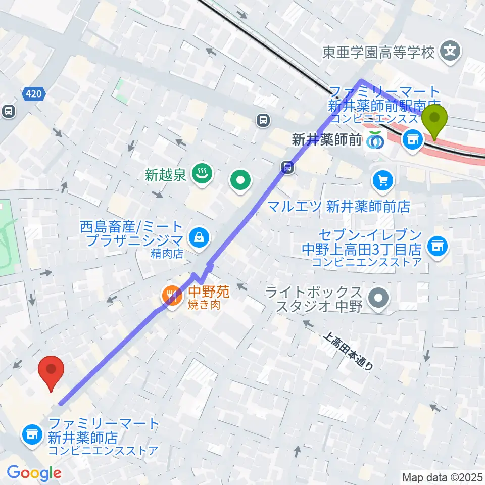 STUDIO LIFEの最寄駅新井薬師前駅からの徒歩ルート（約7分）地図