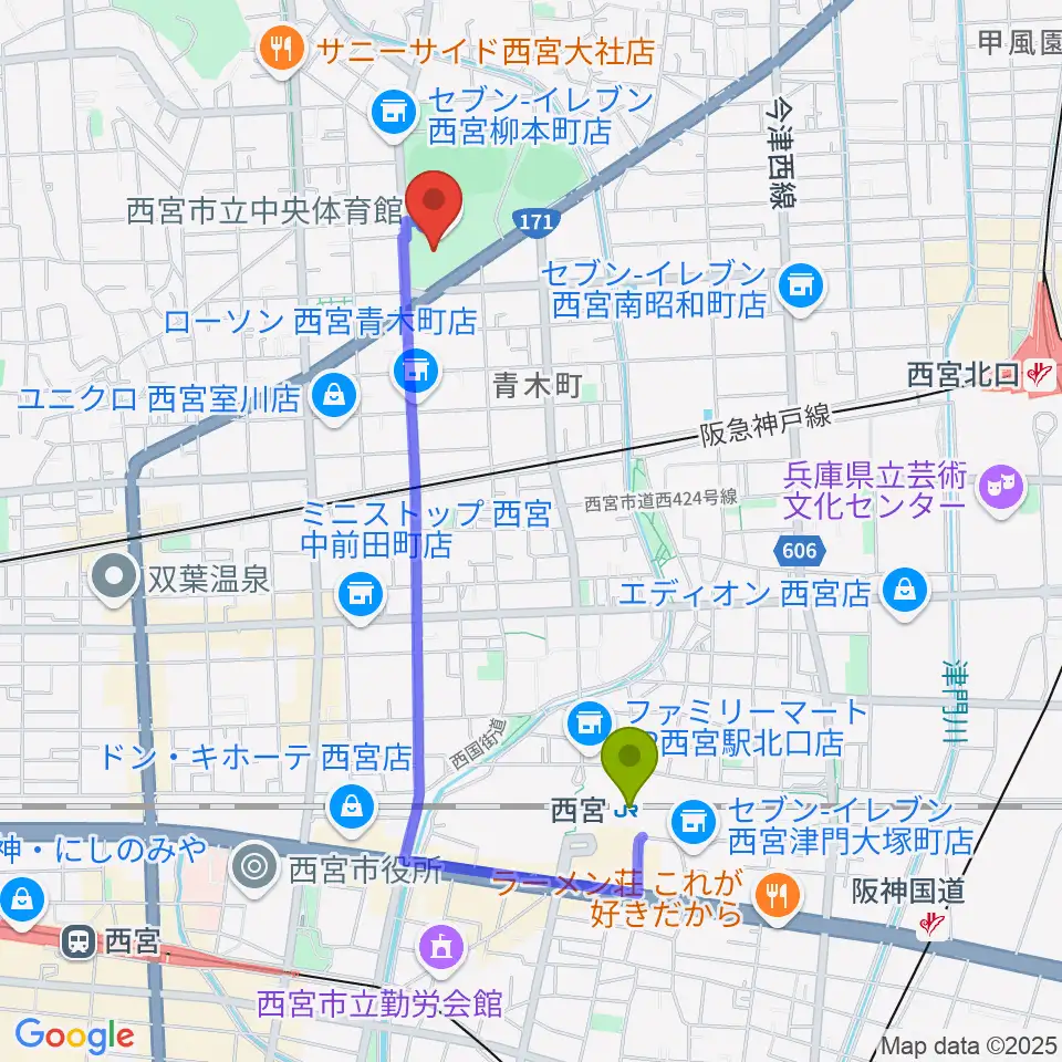 西宮市立中央体育館の最寄駅西宮駅からの徒歩ルート（約17分）地図