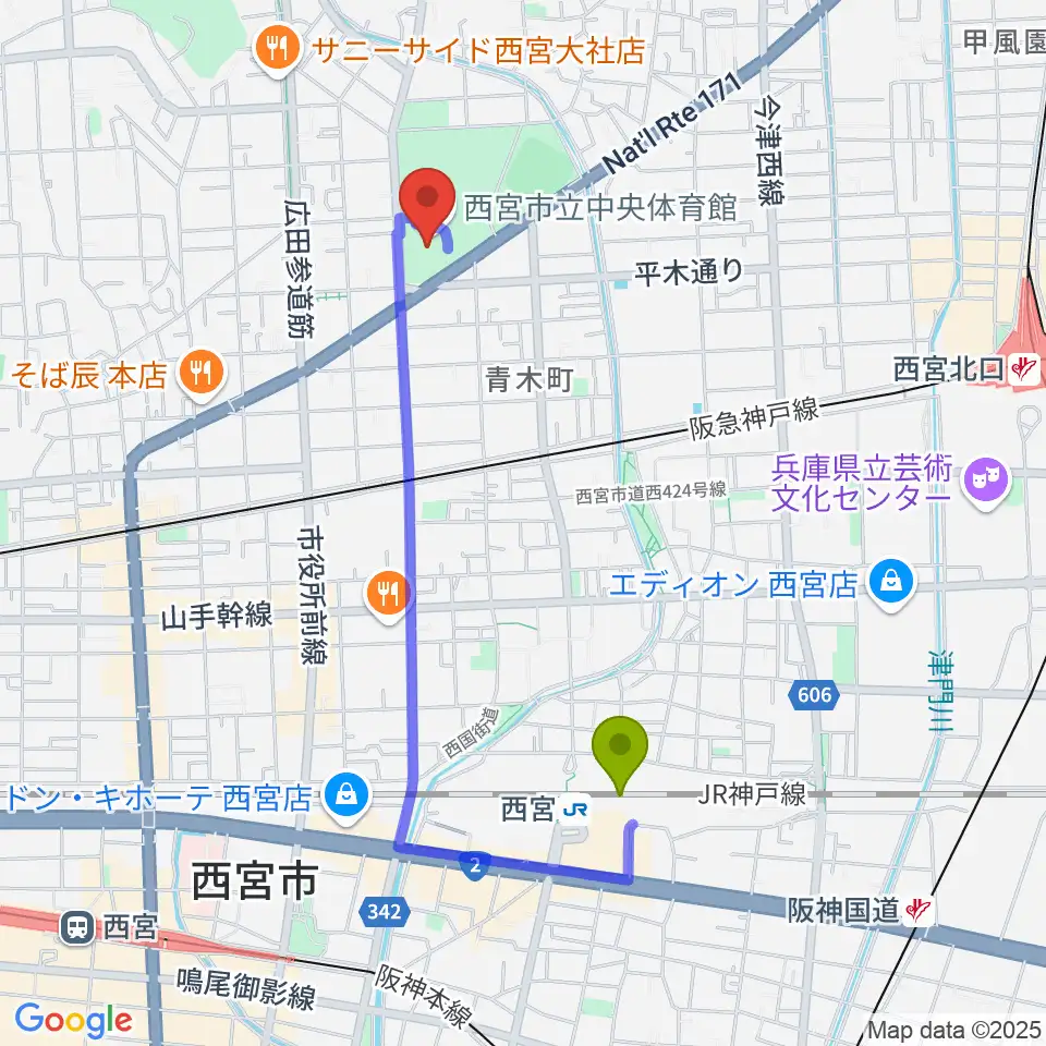 西宮市立中央体育館の最寄駅西宮駅からの徒歩ルート（約17分）地図