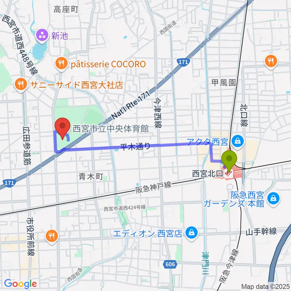 西宮北口駅から西宮市立中央体育館へのルートマップ地図