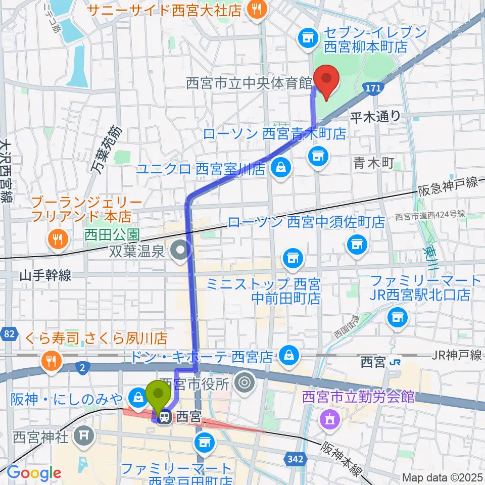 西宮駅から西宮市立中央体育館へのルートマップ地図