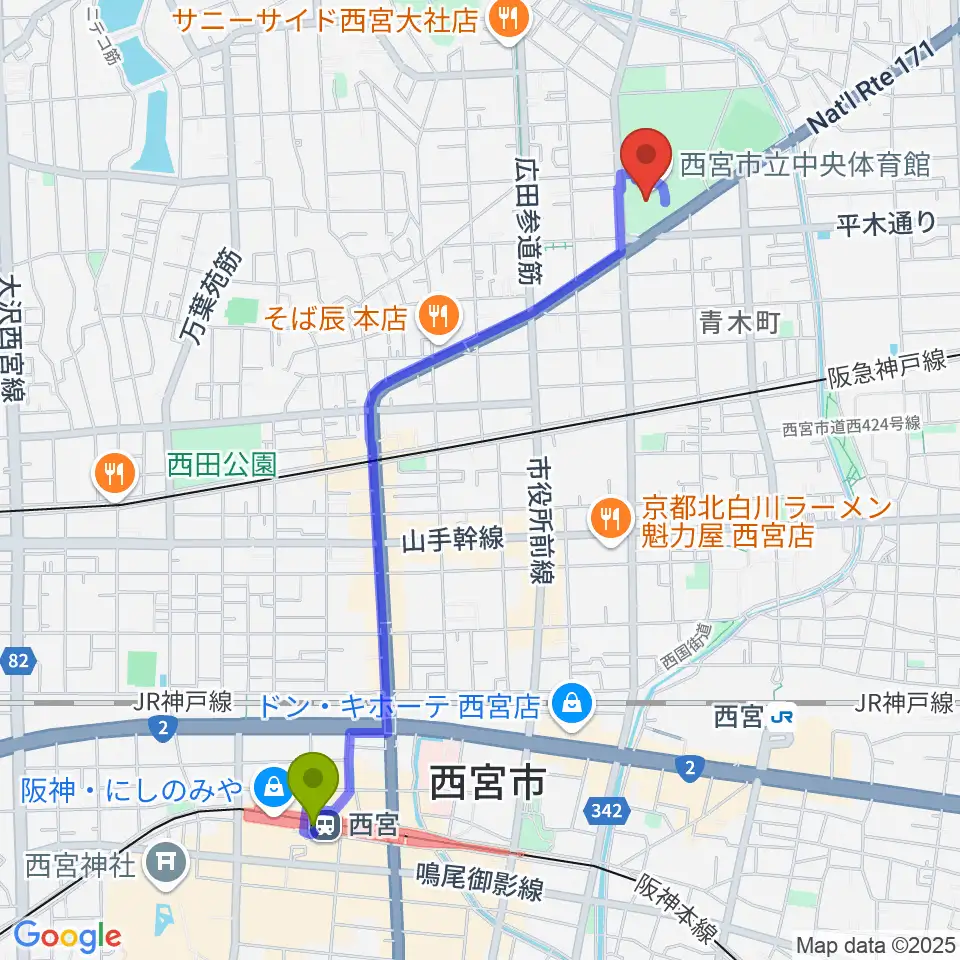 西宮駅から西宮市立中央体育館へのルートマップ地図