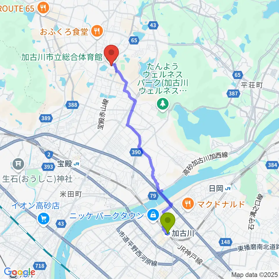 加古川駅からSHOWAグループ総合体育館へのルートマップ地図