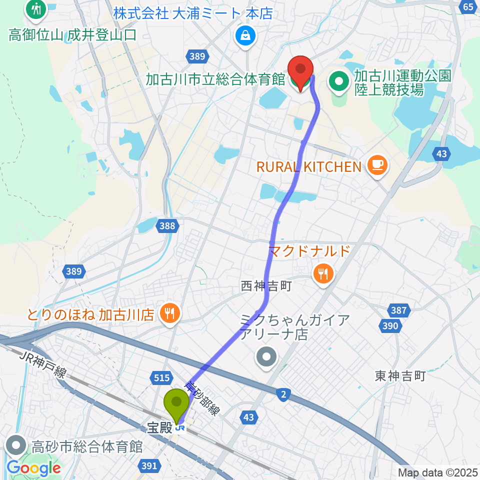 加古川市立総合体育館の最寄駅宝殿駅からの徒歩ルート（約46分）地図