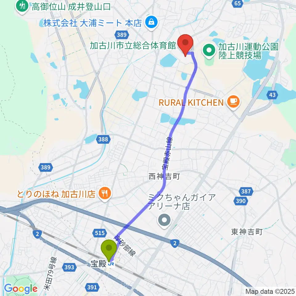 SHOWAグループ総合体育館の最寄駅宝殿駅からの徒歩ルート（約46分）地図