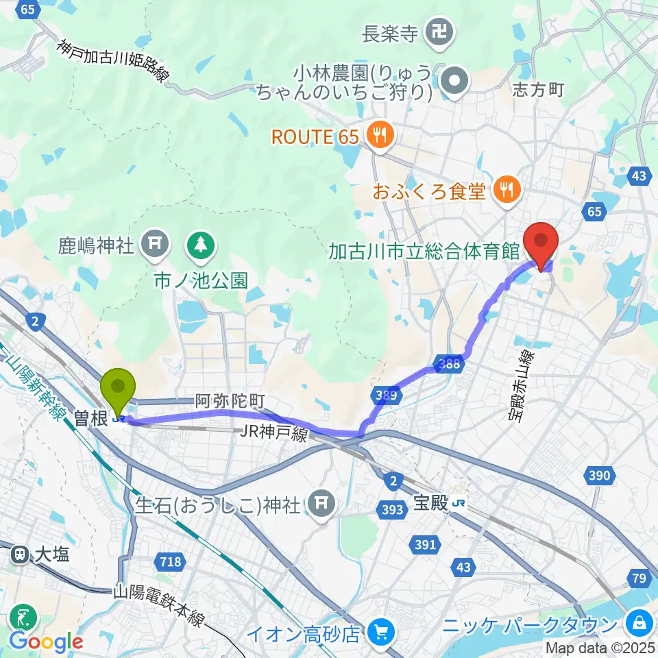 曽根駅からSHOWAグループ総合体育館へのルートマップ地図