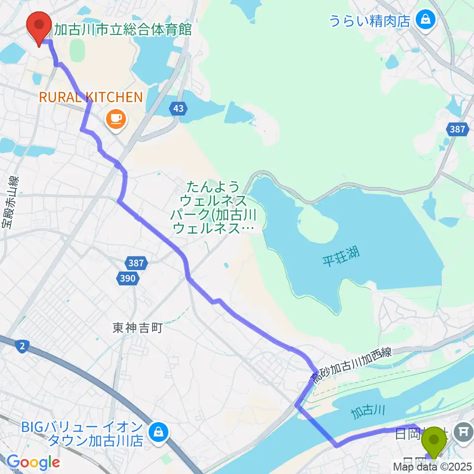日岡駅からSHOWAグループ総合体育館へのルートマップ地図
