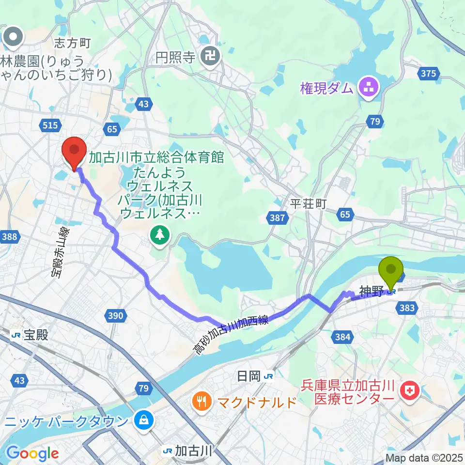 神野駅からSHOWAグループ総合体育館へのルートマップ地図