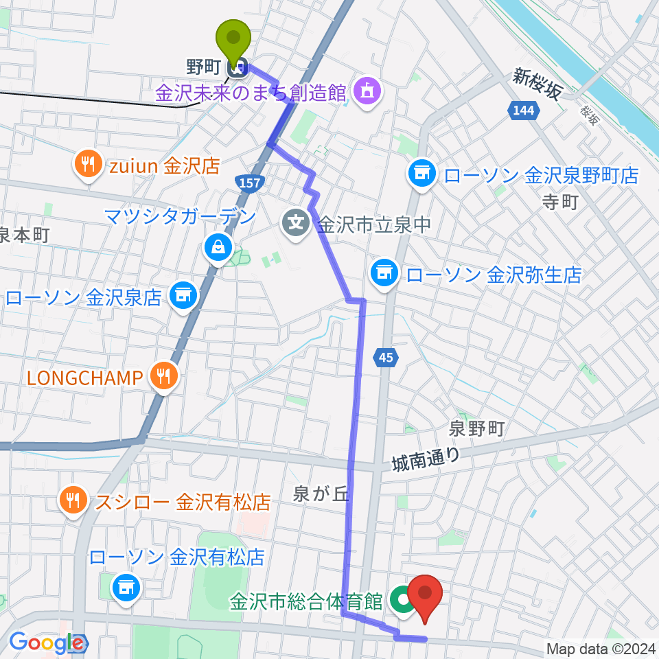 金沢市総合体育館の最寄駅野町駅からの徒歩ルート（約27分）地図