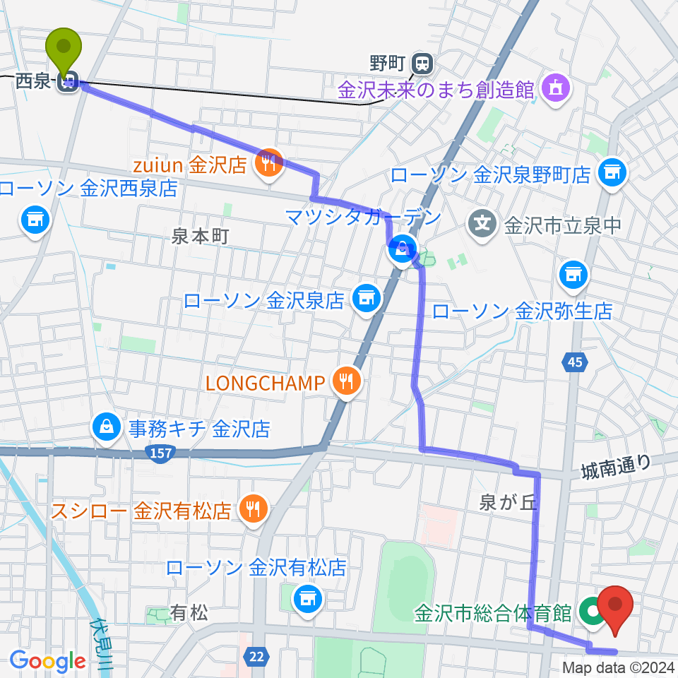 西泉駅から金沢市総合体育館へのルートマップ地図