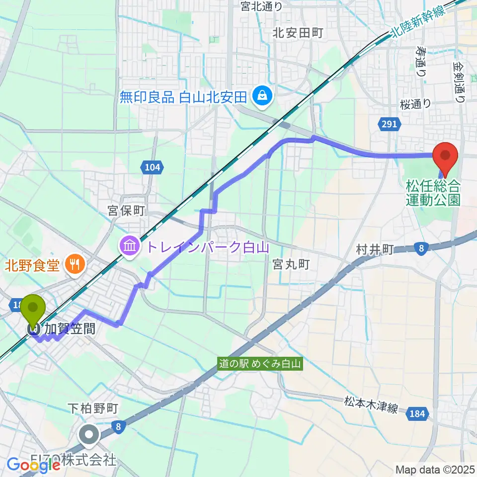 加賀笠間駅から松任総合運動公園体育館へのルートマップ地図