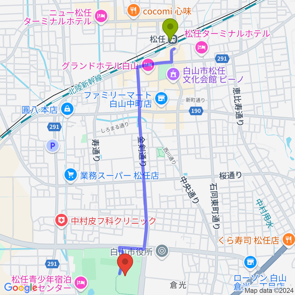 松任総合運動公園体育館の最寄駅松任駅からの徒歩ルート（約25分）地図