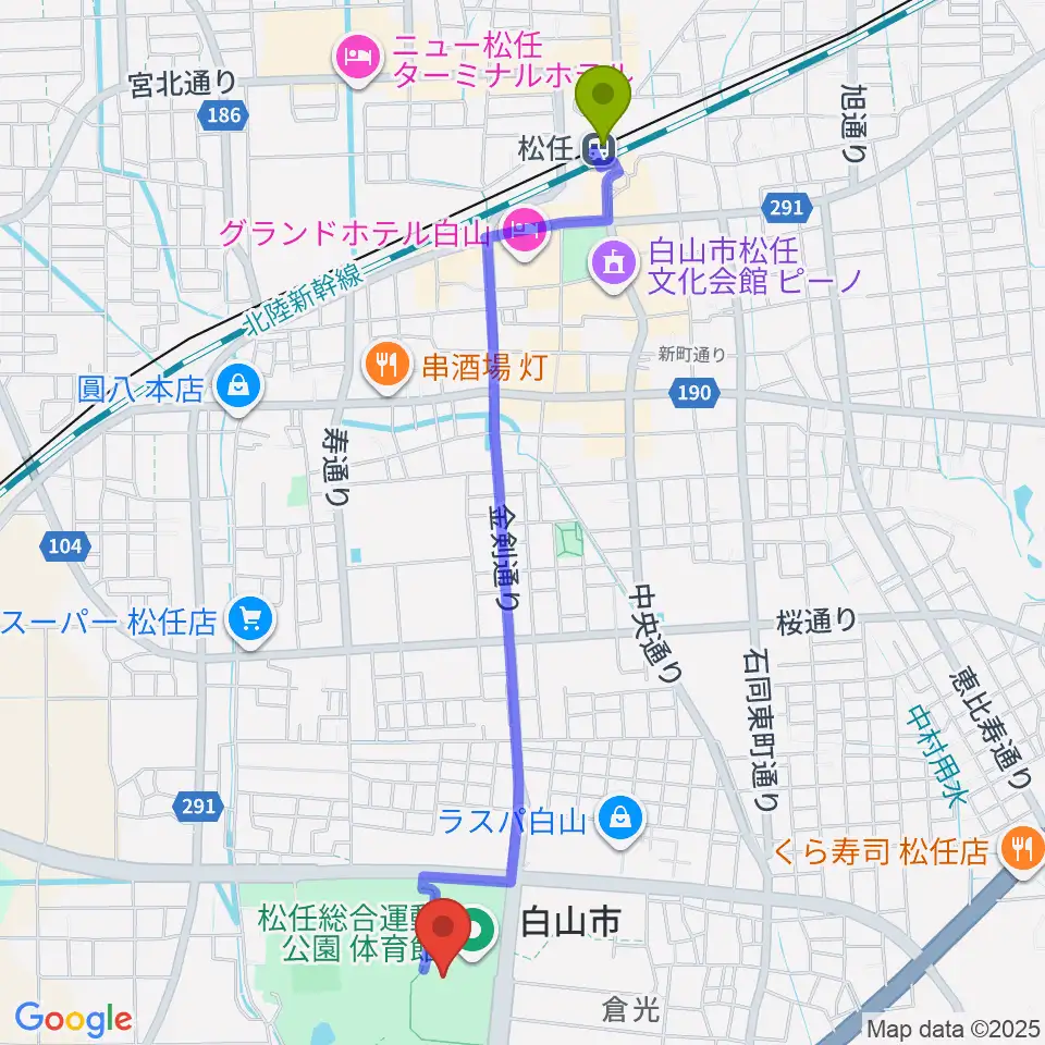 松任総合運動公園体育館の最寄駅松任駅からの徒歩ルート（約25分）地図