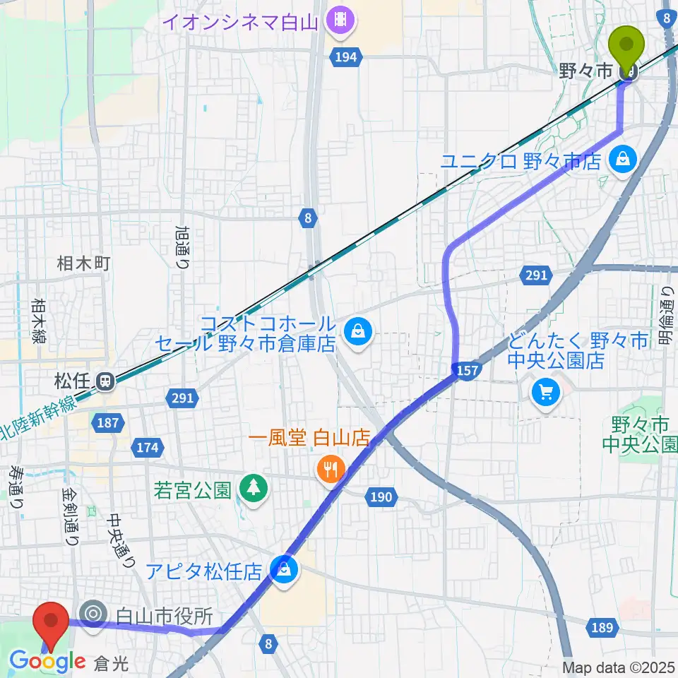 野々市駅から松任総合運動公園体育館へのルートマップ地図