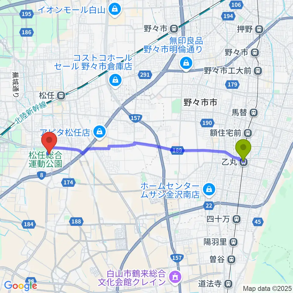 乙丸駅から松任総合運動公園体育館へのルートマップ地図