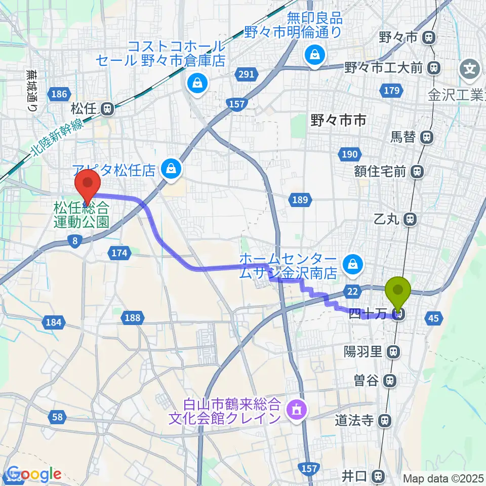 四十万駅から松任総合運動公園体育館へのルートマップ地図