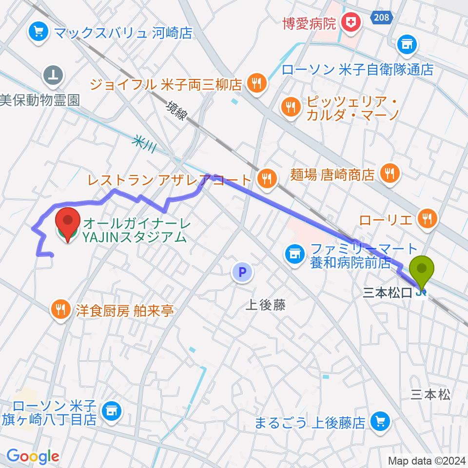 三本松口駅からオールガイナーレYAJINスタジアムへのルートマップ地図