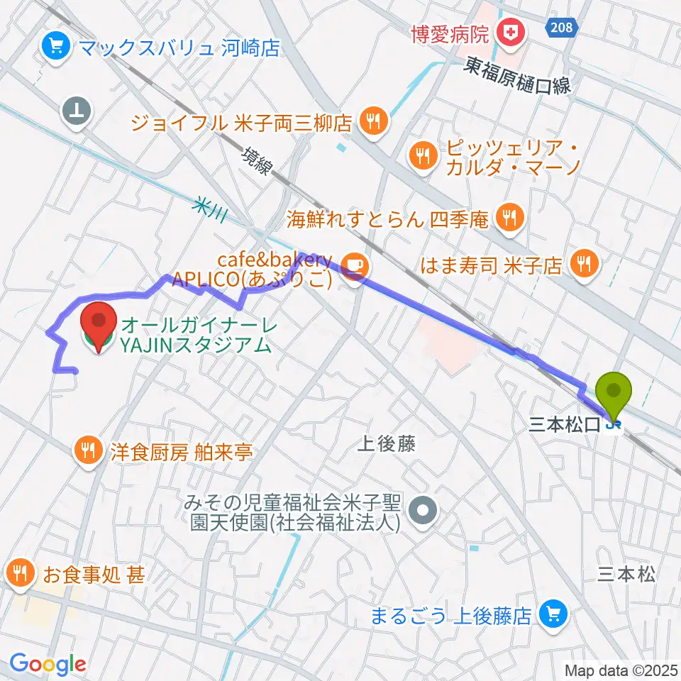 三本松口駅からオールガイナーレYAJINスタジアムへのルートマップ地図