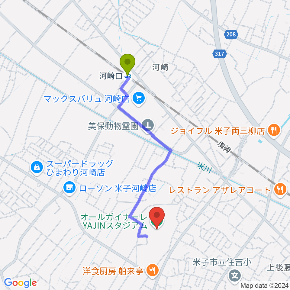 オールガイナーレYAJINスタジアムの最寄駅河崎口駅からの徒歩ルート（約17分）地図