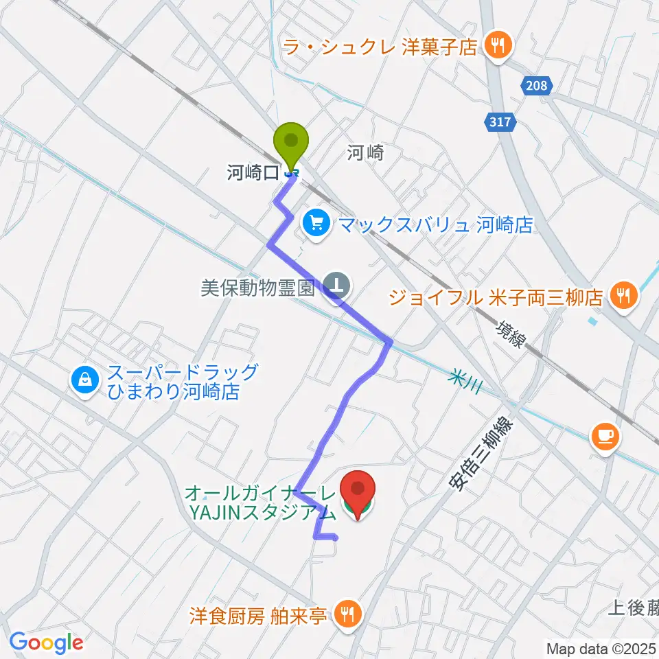 オールガイナーレYAJINスタジアムの最寄駅河崎口駅からの徒歩ルート（約17分）地図