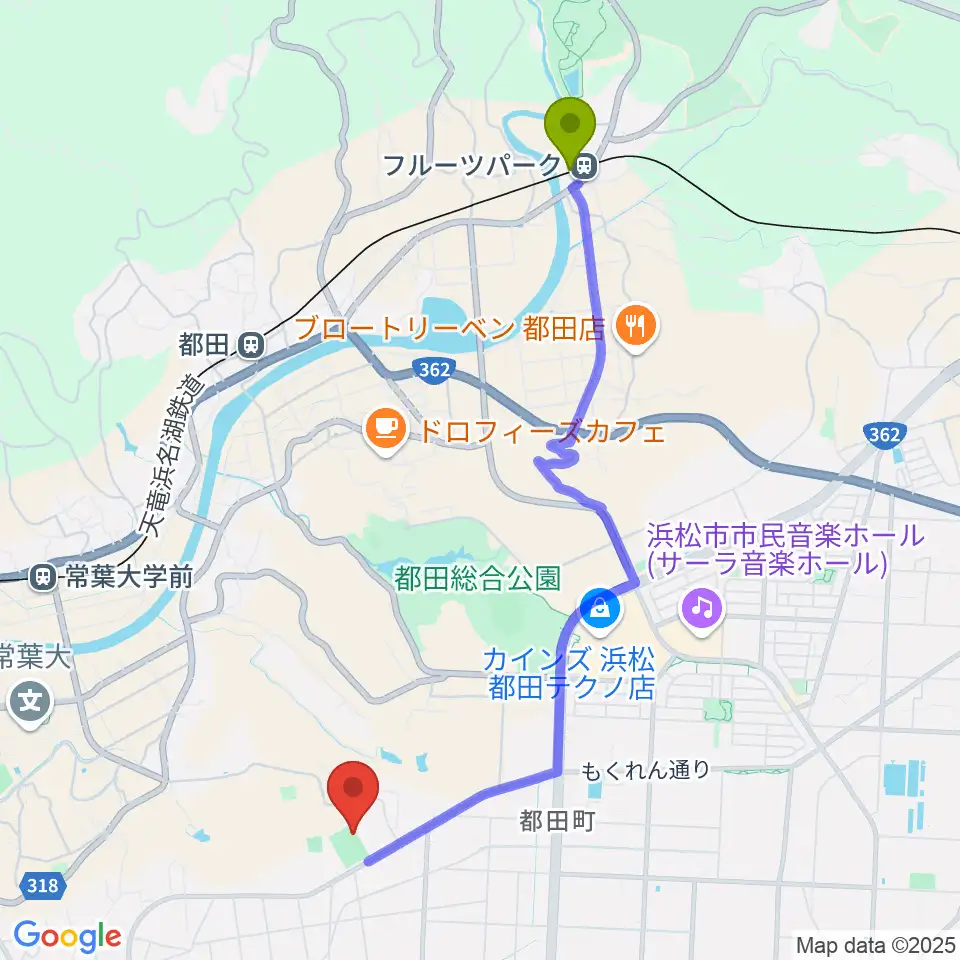 フルーツパーク駅からHonda都田サッカー場へのルートマップ地図