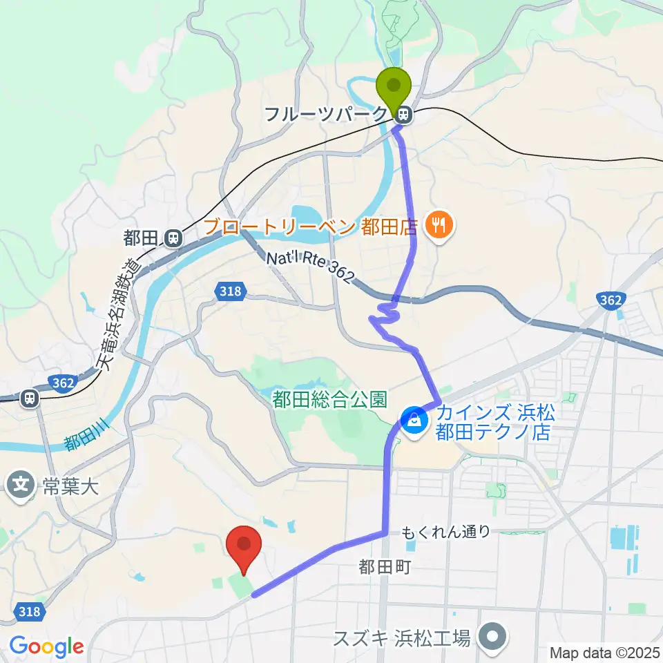 フルーツパーク駅からHonda都田サッカー場へのルートマップ地図