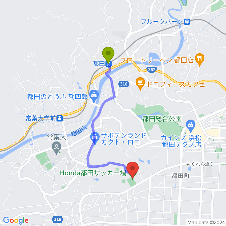都田駅からHonda都田サッカー場へのルートマップ地図