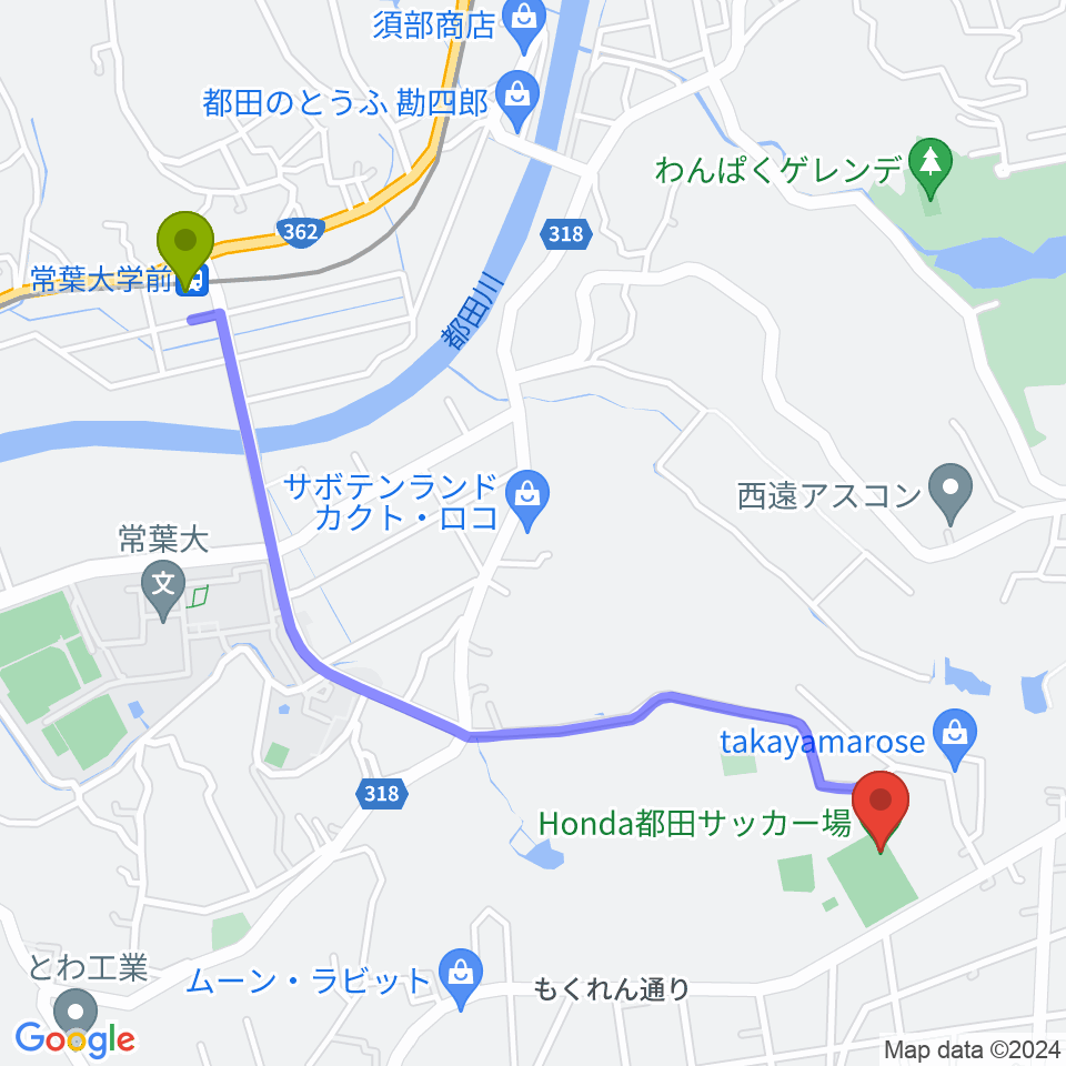 Honda都田サッカー場の最寄駅常葉大学前駅からの徒歩ルート（約26分）地図