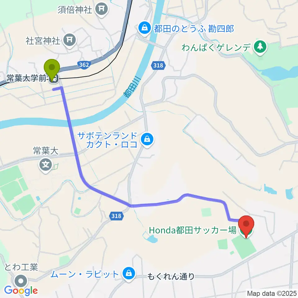 Honda都田サッカー場の最寄駅常葉大学前駅からの徒歩ルート（約26分）地図