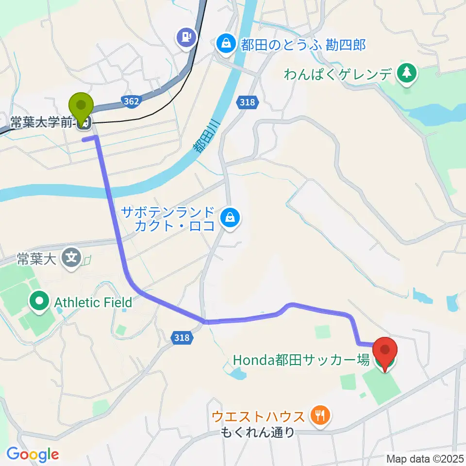 Honda都田サッカー場の最寄駅常葉大学前駅からの徒歩ルート（約26分）地図