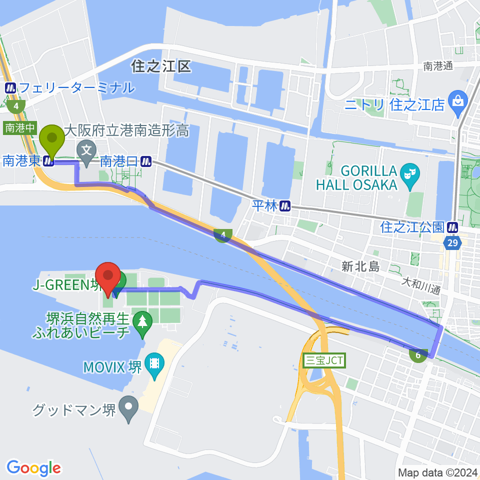 南港東駅からJ-GREEN堺メインフィールドへのルートマップ地図