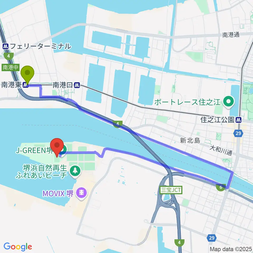 南港東駅からJ-GREEN堺メインフィールドへのルートマップ地図