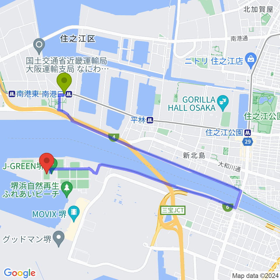 J-GREEN堺メインフィールドの最寄駅南港口駅からの徒歩ルート（約18分）地図