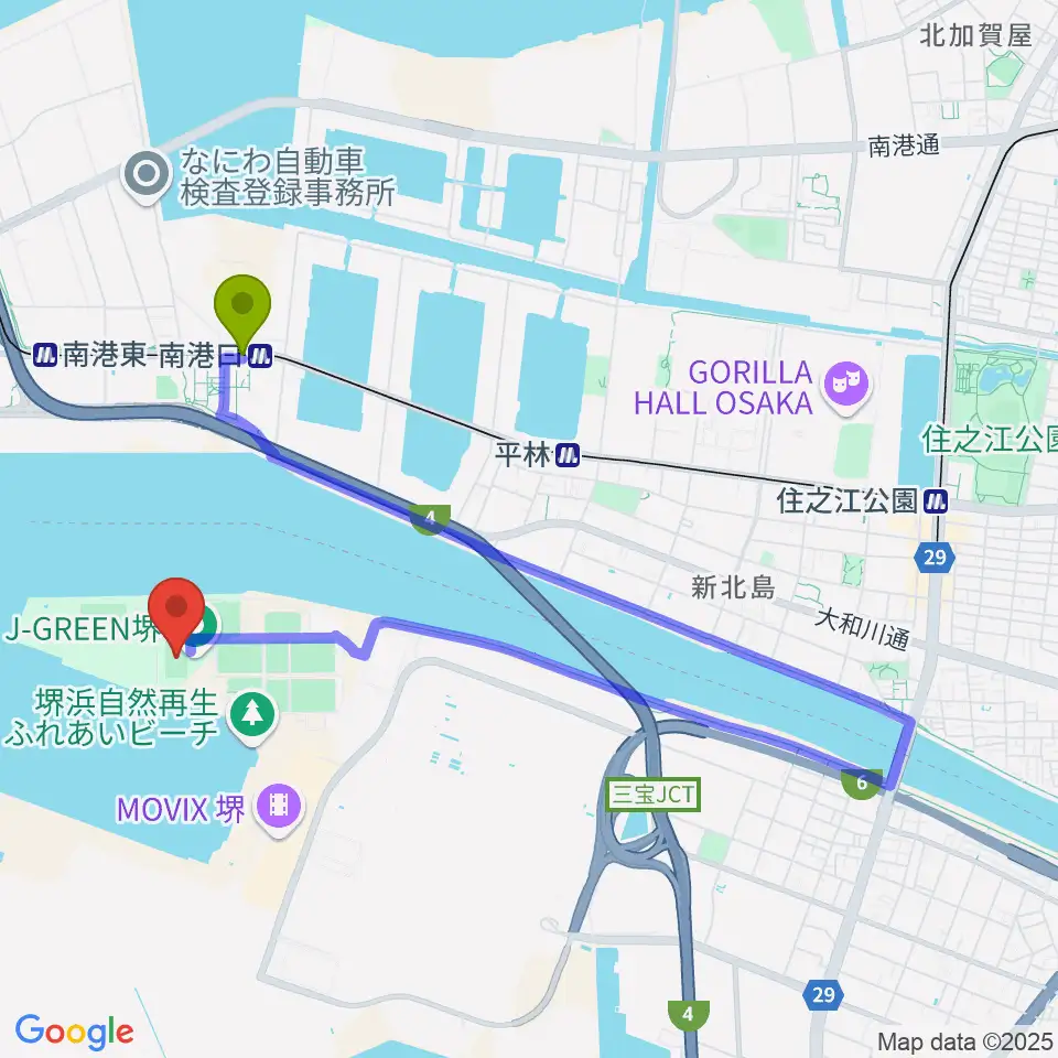 J-GREEN堺メインフィールドの最寄駅南港口駅からの徒歩ルート（約18分）地図