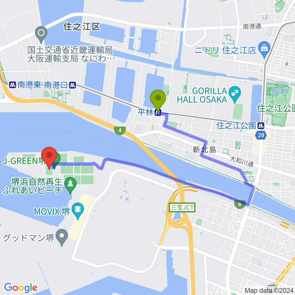 平林駅からJ-GREEN堺メインフィールドへのルートマップ地図