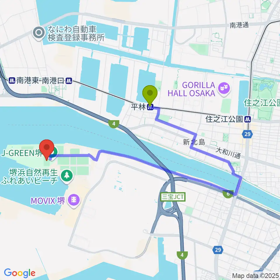平林駅からJ-GREEN堺メインフィールドへのルートマップ地図