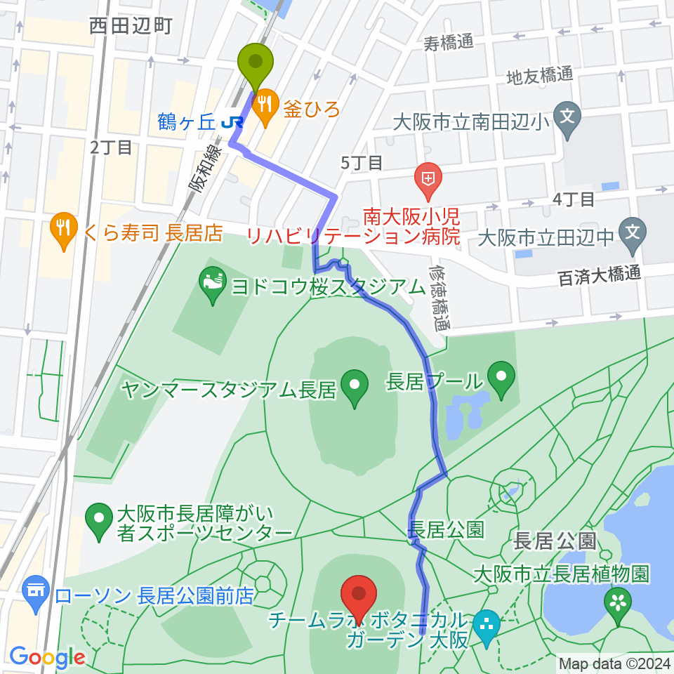 鶴ケ丘駅からヤンマーフィールド長居へのルートマップ地図