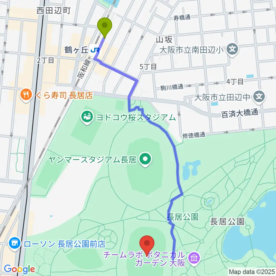 鶴ケ丘駅からヤンマーフィールド長居へのルートマップ地図