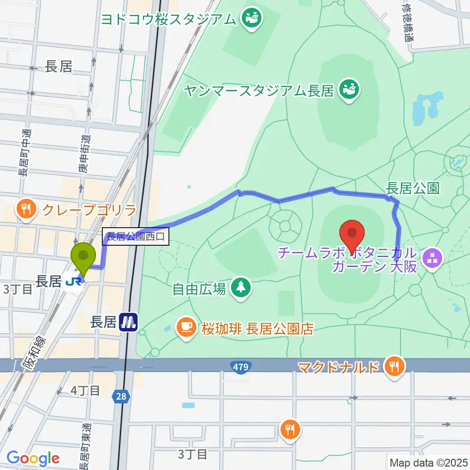 ヤンマーフィールド長居の最寄駅長居駅からの徒歩ルート（約9分）地図