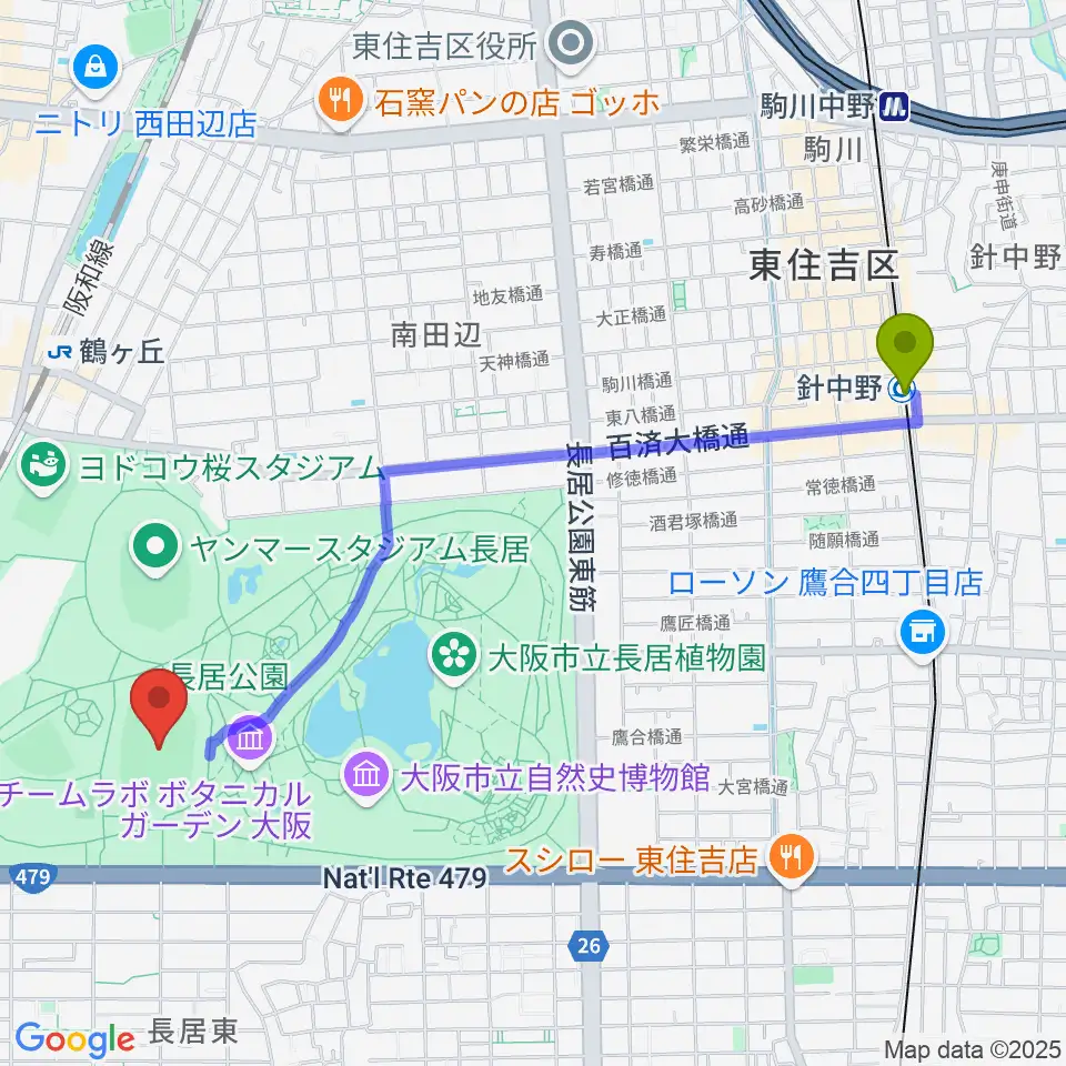 針中野駅からヤンマーフィールド長居へのルートマップ地図