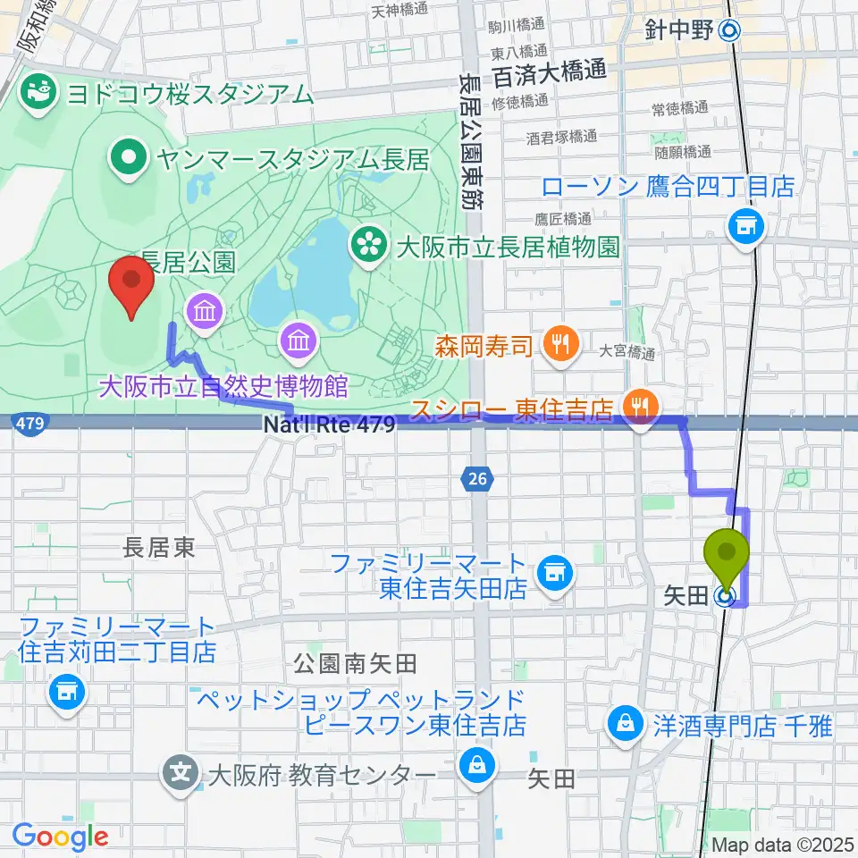 矢田駅からヤンマーフィールド長居へのルートマップ地図