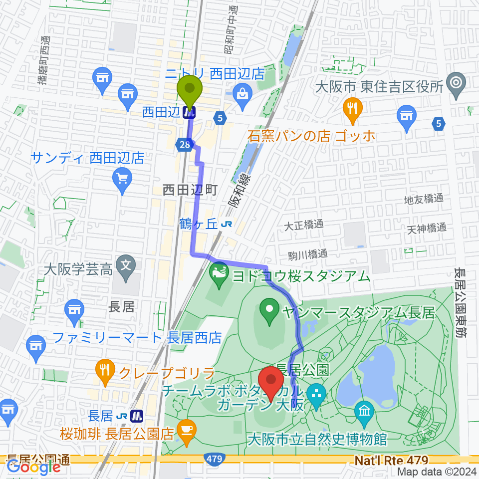 西田辺駅からヤンマーフィールド長居へのルートマップ地図