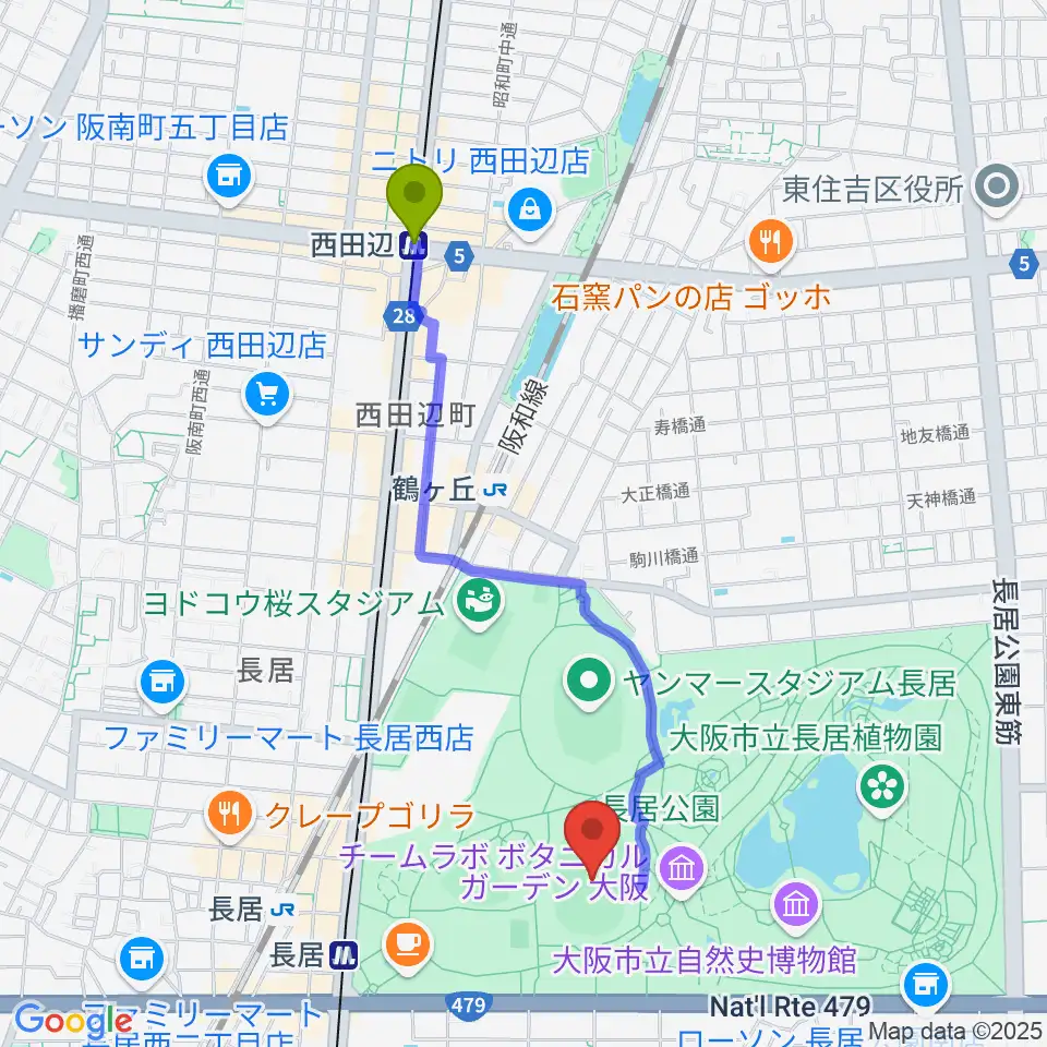 西田辺駅からヤンマーフィールド長居へのルートマップ地図