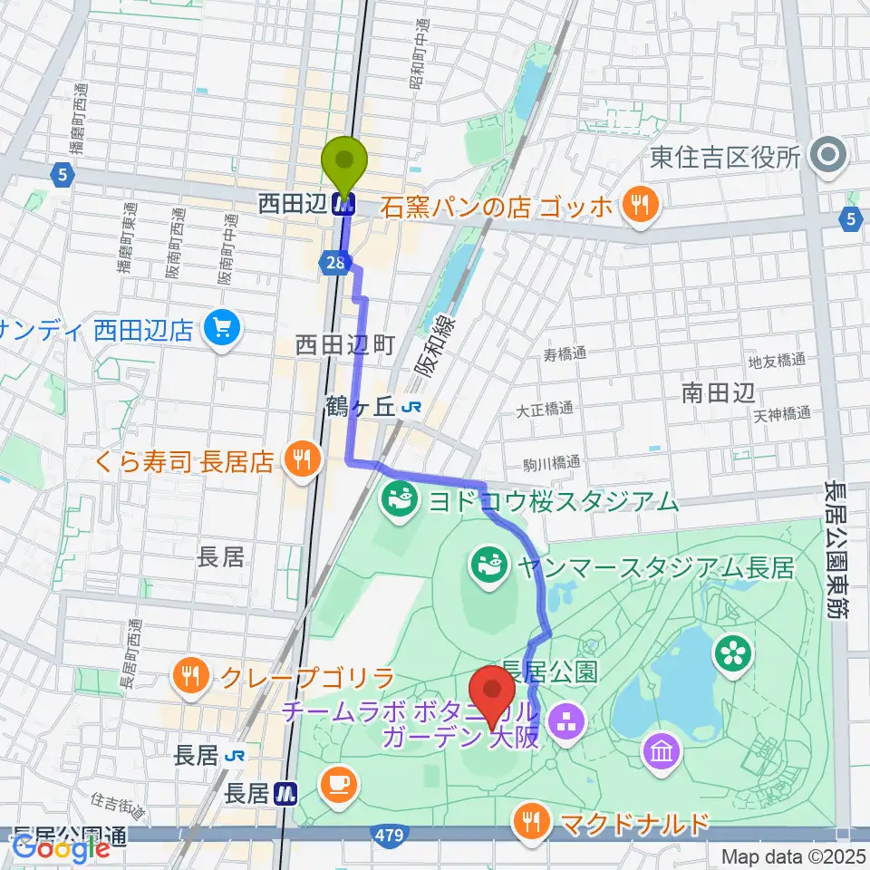 西田辺駅からヤンマーフィールド長居へのルートマップ地図