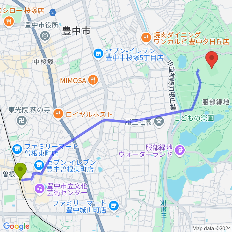 曽根駅から服部緑地陸上競技場へのルートマップ地図