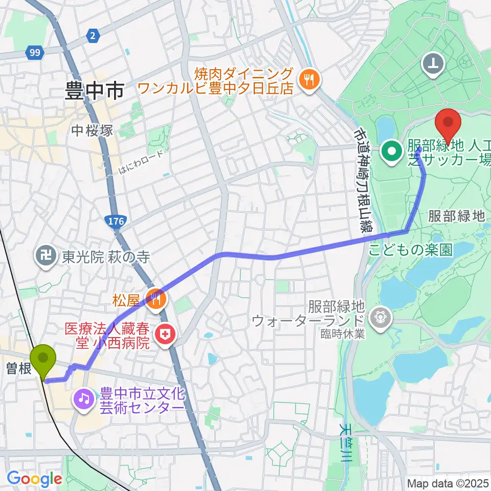 曽根駅から服部緑地陸上競技場へのルートマップ地図