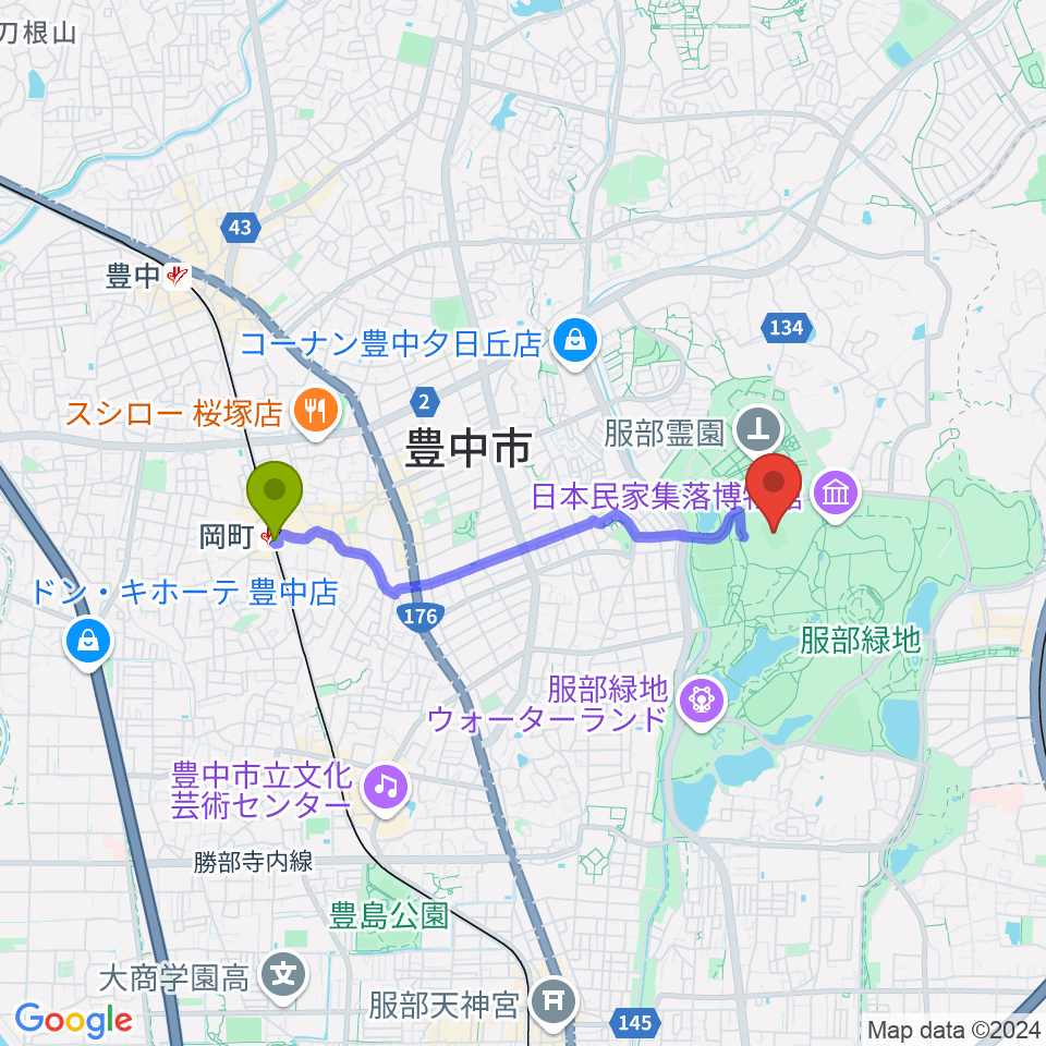 岡町駅から服部緑地陸上競技場へのルートマップ地図